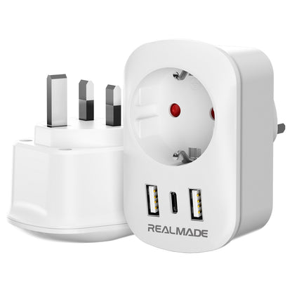 RealMade Reiseadapter UK Adapter auf EU mit 2 USB und 1 TYP-C Anschlüssen, Adapter England Deutschland Stecker, EU Deutschland zu UK Adapter Typ G Steckdosenadapter Reisestecker für Großbritannien