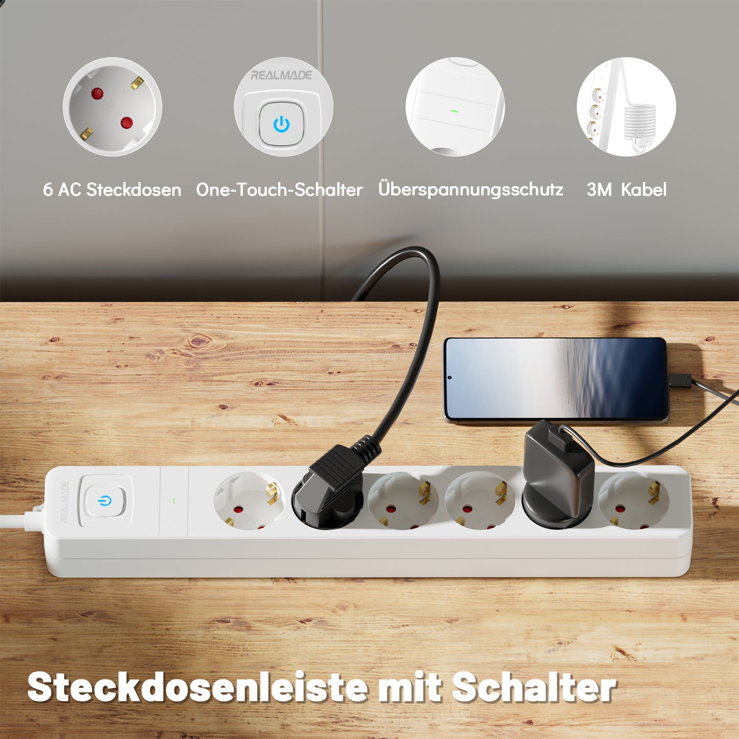 RealMade Steckdosenleiste mit Überspannungsschutz 1050J und Schalter, 6 Fach Mehrfachsteckdose, 16A/3680W Steckerleiste mit Kindersicherung und Wandmontage, 3M Kabel für Hause und Büro