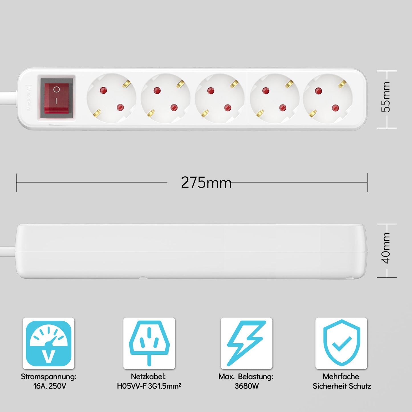 RealMade Steckdosenleiste 5-Fach Mehrfachsteckdose mit Schalter zum Stromsparen, Steckplätze 45 Grad gedreht, Steckerleiste mit erhöhtem Berührungsschutz, weiß