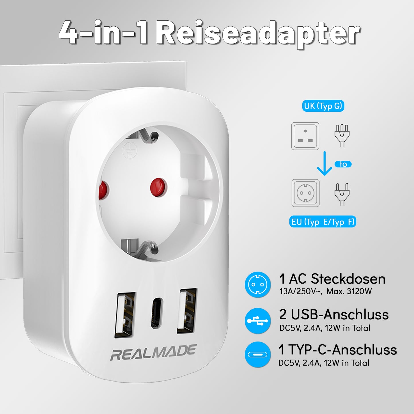 RealMade Reiseadapter UK Adapter auf EU mit 2 USB und 1 TYP-C Anschlüssen, Adapter England Deutschland Stecker, EU Deutschland zu UK Adapter Typ G Steckdosenadapter Reisestecker für Großbritannien