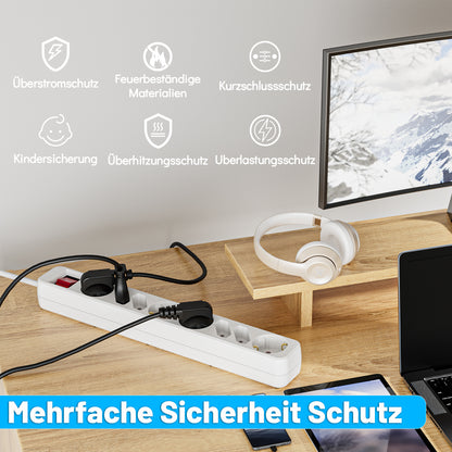 RealMade 8 Fach Steckdosenleiste mit Schalter 3M Kabel, 16A Mehrfachsteckdose mit Kindersicherung und Flachstecker, Steckerleiste mit erhöhtem Berührungsschutz für Büro Hause, Weiß