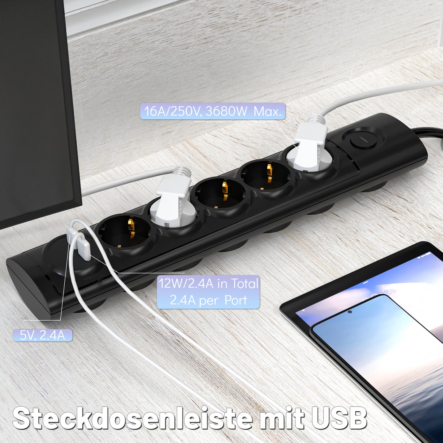 RealMade 5 Fach Steckdosenleiste mit USB A und USB C(5V/2.4A), 3680W Mehrfachsteckdose mit Schalter und Kindersicherung, 3M Kabel USB Steckerleiste für Hause, Schwarz