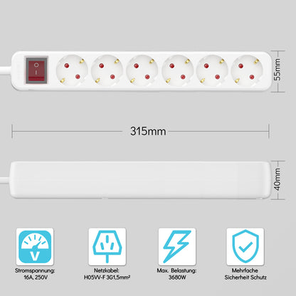 RealMade Steckdosenleiste 6-Fach Mehrfachsteckdose mit Schalter zum Stromsparen,Steckplätze 45 Grad gedreht, Steckerleiste mit erhöhtem Berührungsschutz, weiß