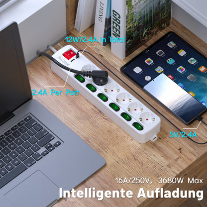 RealMade Steckdosenleiste Einzeln Schaltbar, 6-Fach Mehrfachsteckdose mit 1 USB und 1 TYP-C Anschlüssen(5V, 2.4A), 3680W Steckdosenleiste Wandmontage, 2/5M Kabel, Kindersicherung, USB Steckdose - Weiß