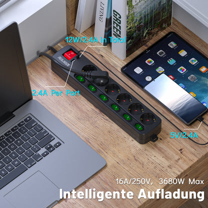 RealMade Steckdosenleiste Einzeln Schaltbar, 6-Fach Mehrfachsteckdose mit 1 USB und 1 TYP-C Anschlüssen(5V, 2.4A), 3680W Steckdosenleiste Wandmontage, 2/5M Kabel, Kindersicherung, USB Steckdose-Schwarz