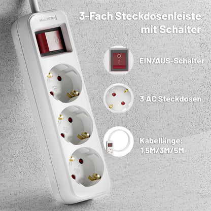 RealMade Steckdosenleiste 3-Fach Mehrfachsteckdose mit Schalter zum Stromsparen, Steckplätze 45 Grad gedreht, Steckerleiste mit erhöhtem Berührungsschutz, weiß