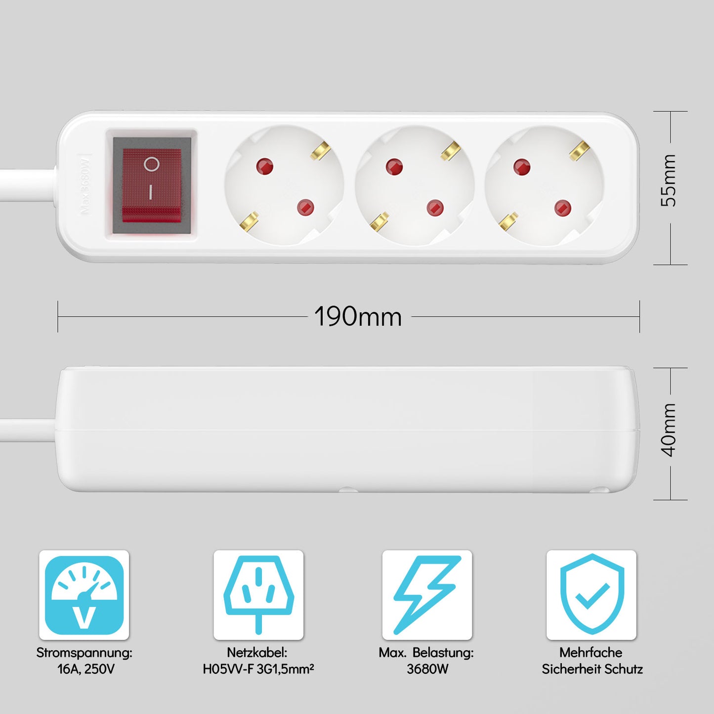 RealMade Steckdosenleiste 3-Fach Mehrfachsteckdose mit Schalter zum Stromsparen, Steckplätze 45 Grad gedreht, Steckerleiste mit erhöhtem Berührungsschutz, weiß