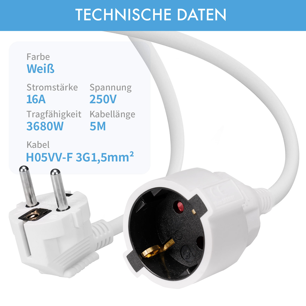 RealMade Verlängerungskabel 3/5/10M Kabel, Verlängerungsleitung mit Kinderschutz Stecker, H05VV-F 3G1.5mm² Kunststoffleitung, Schutzkontakt-Verlängerung für innen, 16A/250V, 3680W, Weiß