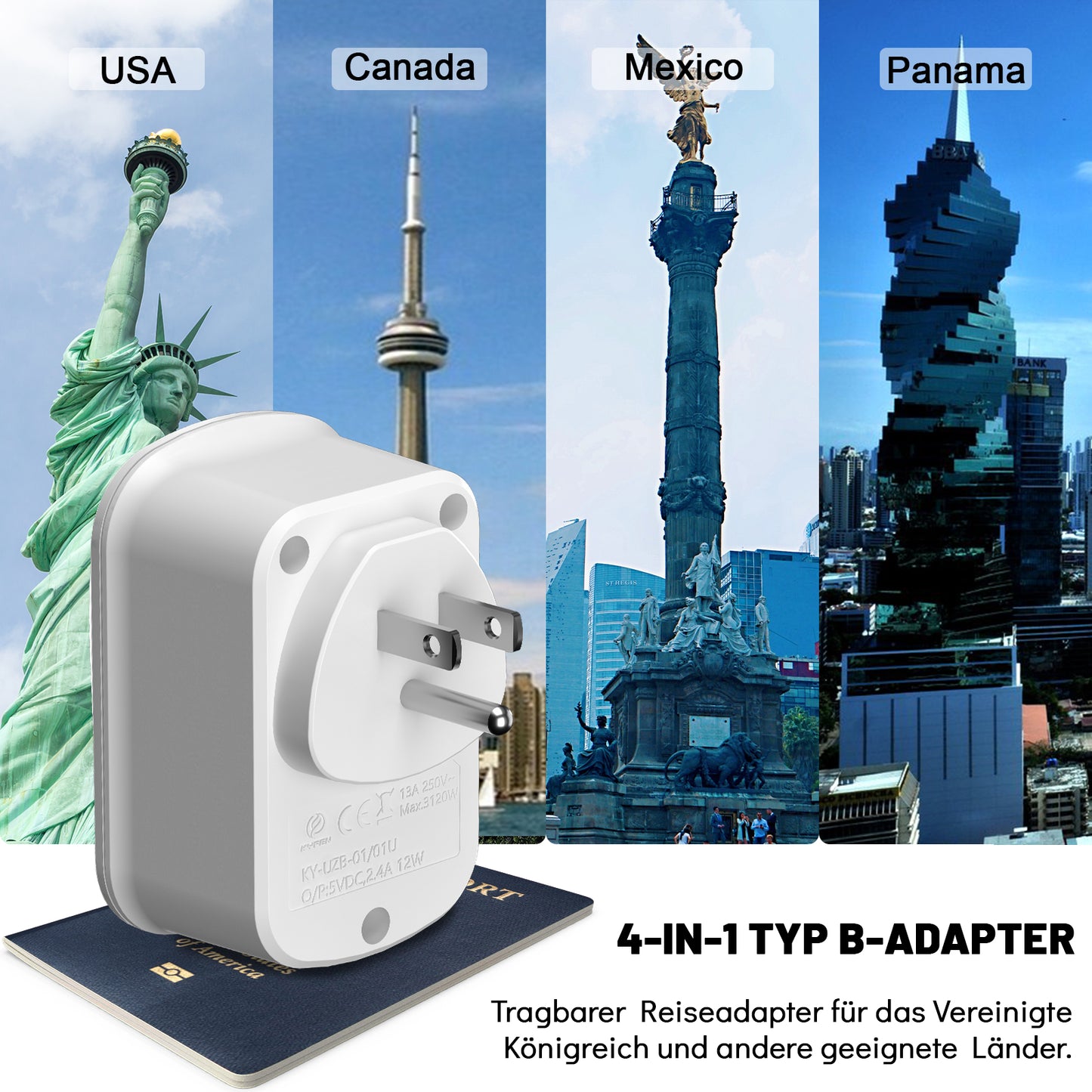 RealMade Adapter USA Deutschland Stecker, Reiseadapter USA mit USB C und 2 USB Anschluss, EU auf USA TYP B Steckdosenadapter Reisestecker Stromadapter für Kanada Thailand Mexiko Wand Steckdose