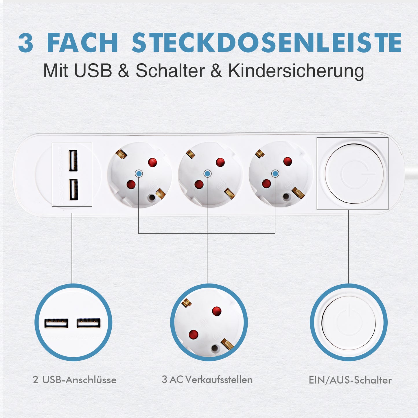 Steckdosenleiste mit USB, RealMade 3 Fach Mehrfachsteckdose mit 2 USB Anschlüsse 5V/2.4A, 3680W Steckdosenleiste mit Schalter und Kindersicherung, 1,5/3/5M Kabel USB Steckdose für Büro Zuhause- Weiß