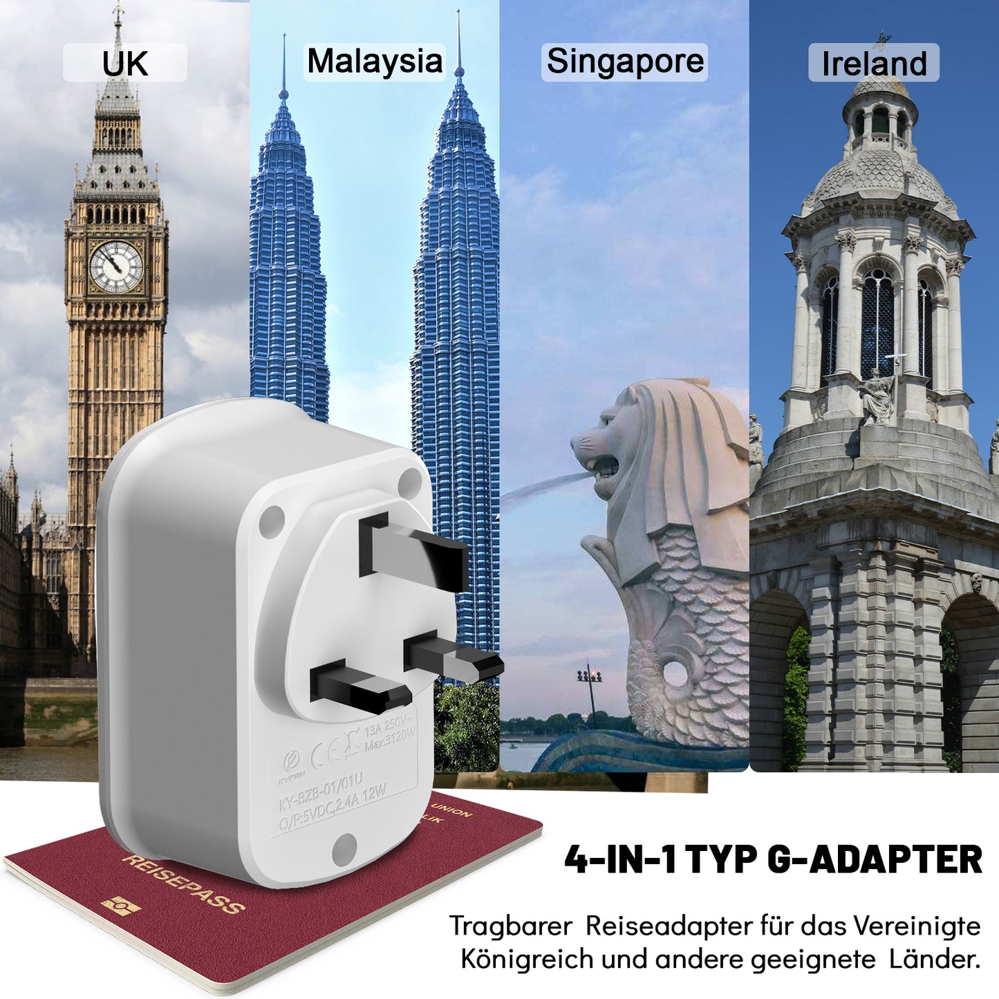 RealMade Reiseadapter UK Adapter auf EU mit 2 USB und 1 TYP-C Anschlüssen, Adapter England Deutschland Stecker, EU Deutschland zu UK Adapter Typ G Steckdosenadapter Reisestecker für Großbritannien