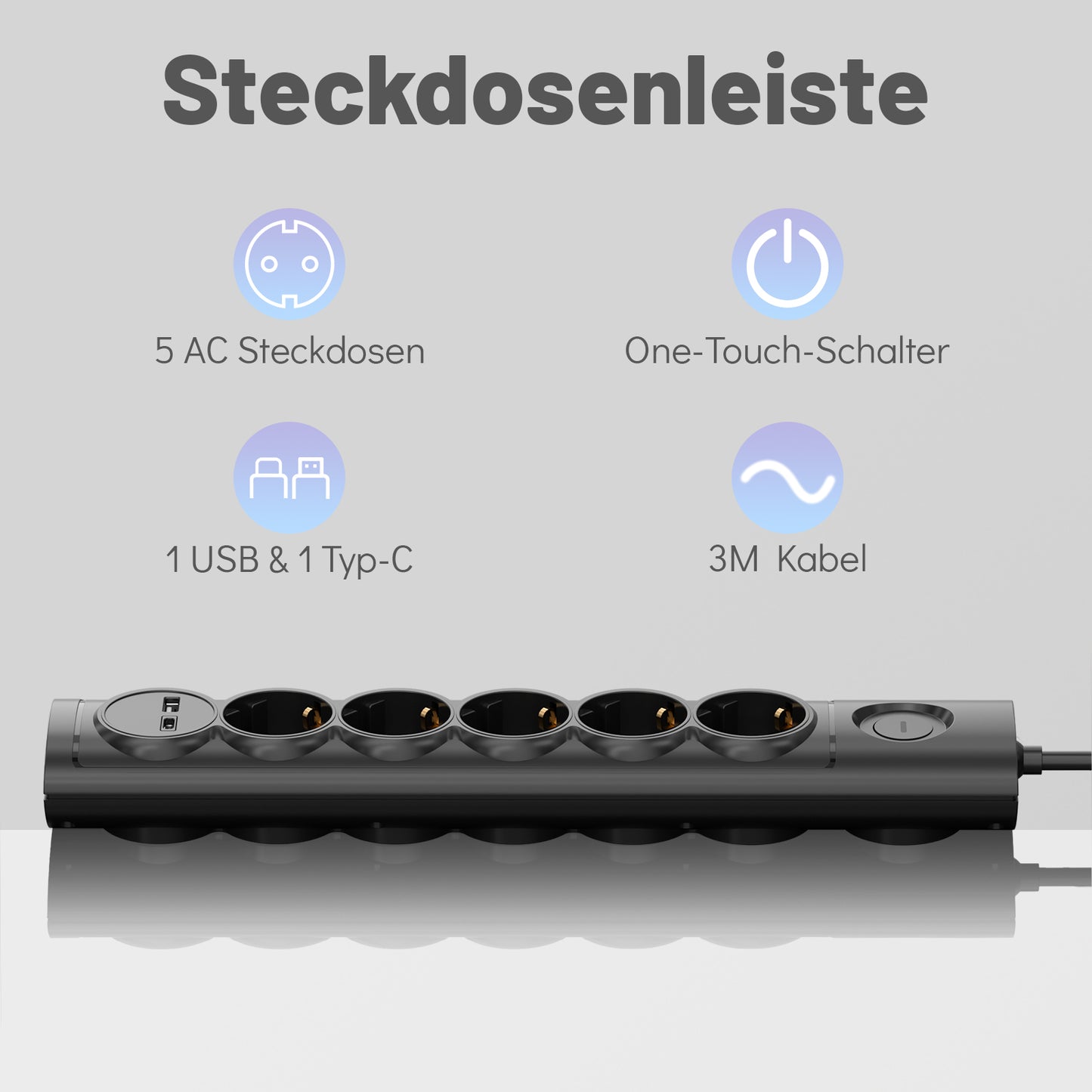 RealMade 5 Fach Steckdosenleiste mit USB A und USB C(5V/2.4A), 3680W Mehrfachsteckdose mit Schalter und Kindersicherung, 3M Kabel USB Steckerleiste für Hause, Schwarz