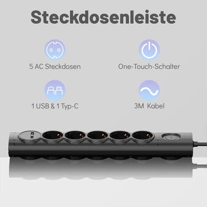 RealMade 5 Fach Steckdosenleiste mit USB A und USB C(5V/2.4A), 3680W Mehrfachsteckdose mit Schalter und Kindersicherung, 3M Kabel USB Steckerleiste für Hause, Schwarz