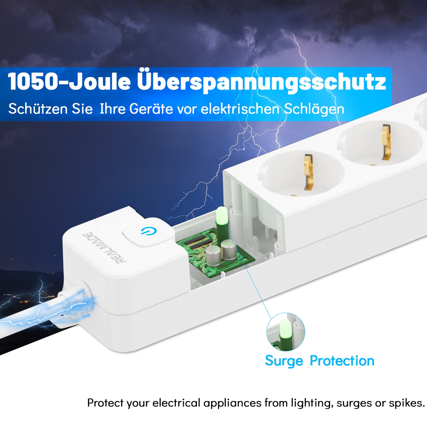 RealMade Steckdosenleiste mit Überspannungsschutz 1050J und Schalter, 6 Fach Mehrfachsteckdose, 16A/3680W Steckerleiste mit Kindersicherung und Wandmontage, 3M Kabel für Hause und Büro