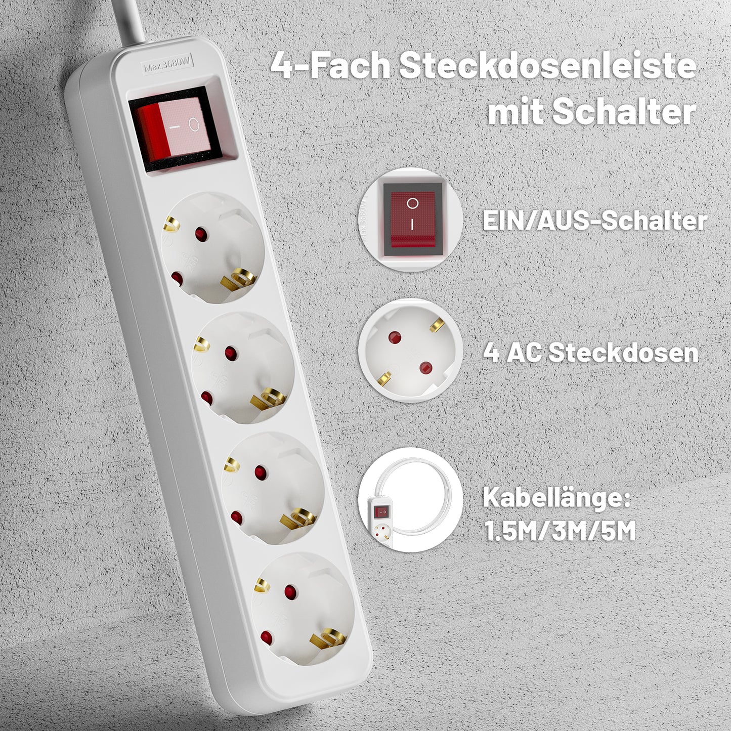 RealMade Steckdosenleiste 4-Fach Mehrfachsteckdose mit Schalter zum Stromsparen, Steckplätze 45 Grad gedreht, Steckerleiste mit erhöhtem Berührungsschutz, weiß