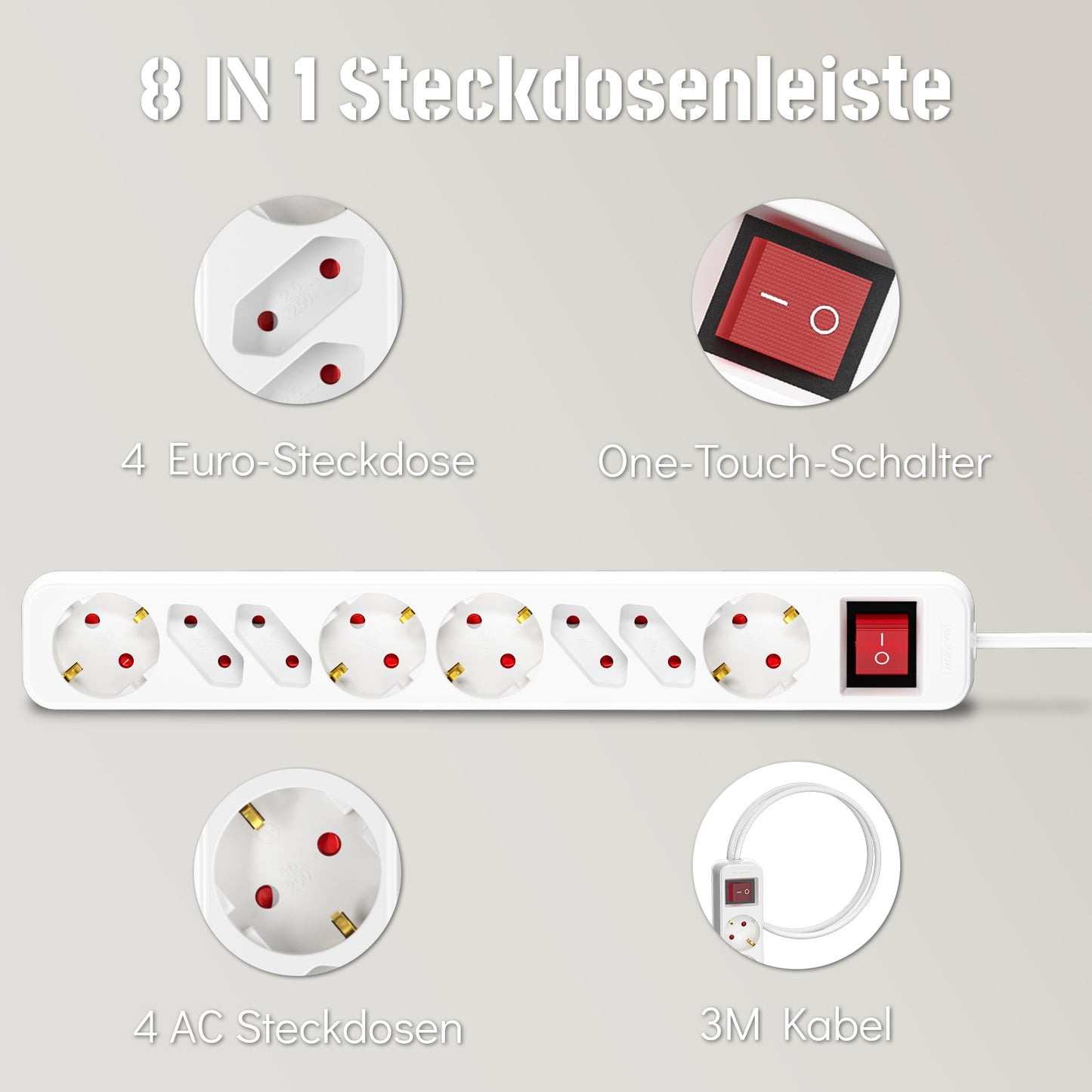 RealMade 8 Fach Steckdosenleiste mit Schalter 3M Kabel, 16A Mehrfachsteckdose mit Kindersicherung und Flachstecker, Steckerleiste mit erhöhtem Berührungsschutz für Büro Hause, Weiß