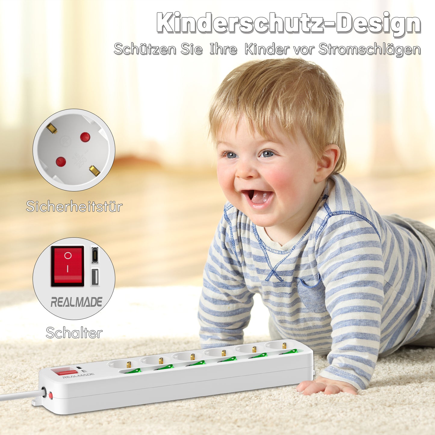 RealMade Steckdosenleiste Einzeln Schaltbar, 6-Fach Mehrfachsteckdose mit 1 USB und 1 TYP-C Anschlüssen(5V, 2.4A), 3680W Steckdosenleiste Wandmontage, 2/5M Kabel, Kindersicherung, USB Steckdose - Weiß