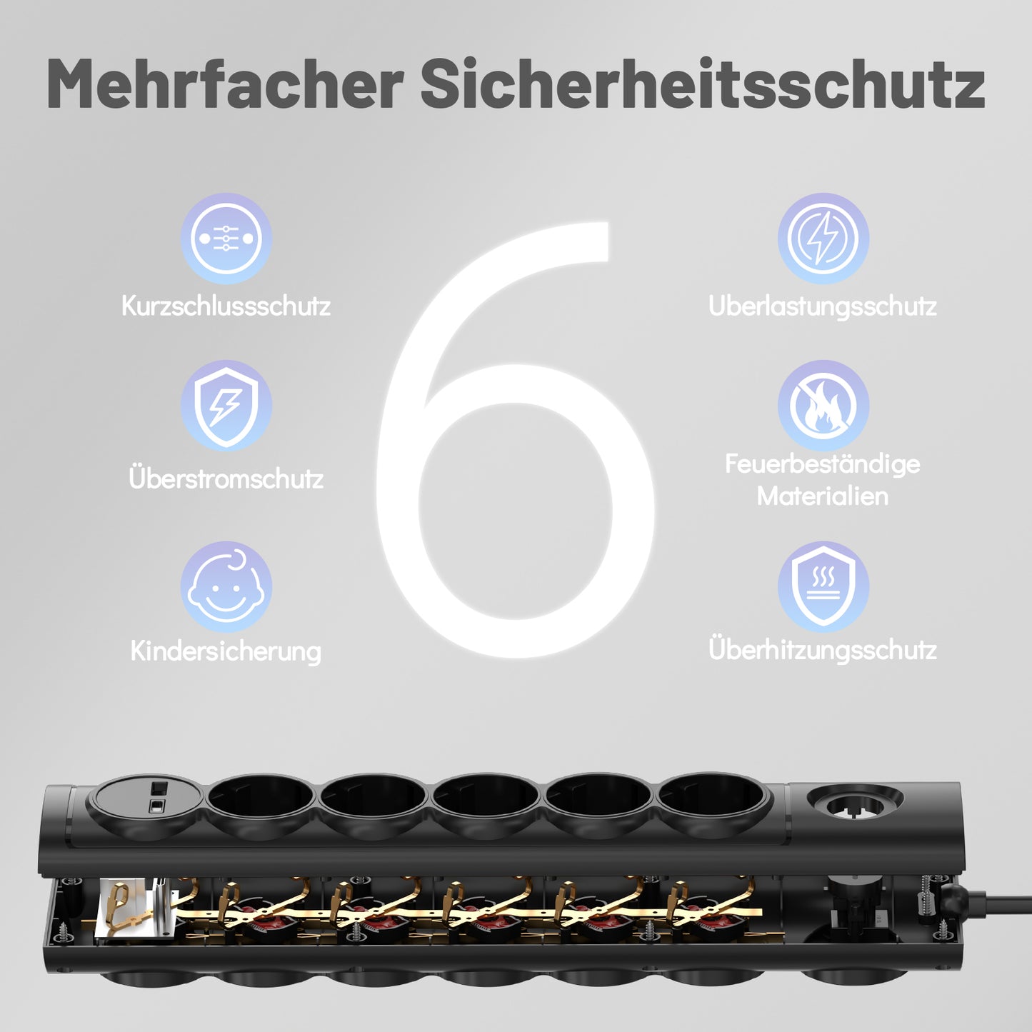 RealMade 5 Fach Steckdosenleiste mit USB A und USB C(5V/2.4A), 3680W Mehrfachsteckdose mit Schalter und Kindersicherung, 3M Kabel USB Steckerleiste für Hause, Schwarz