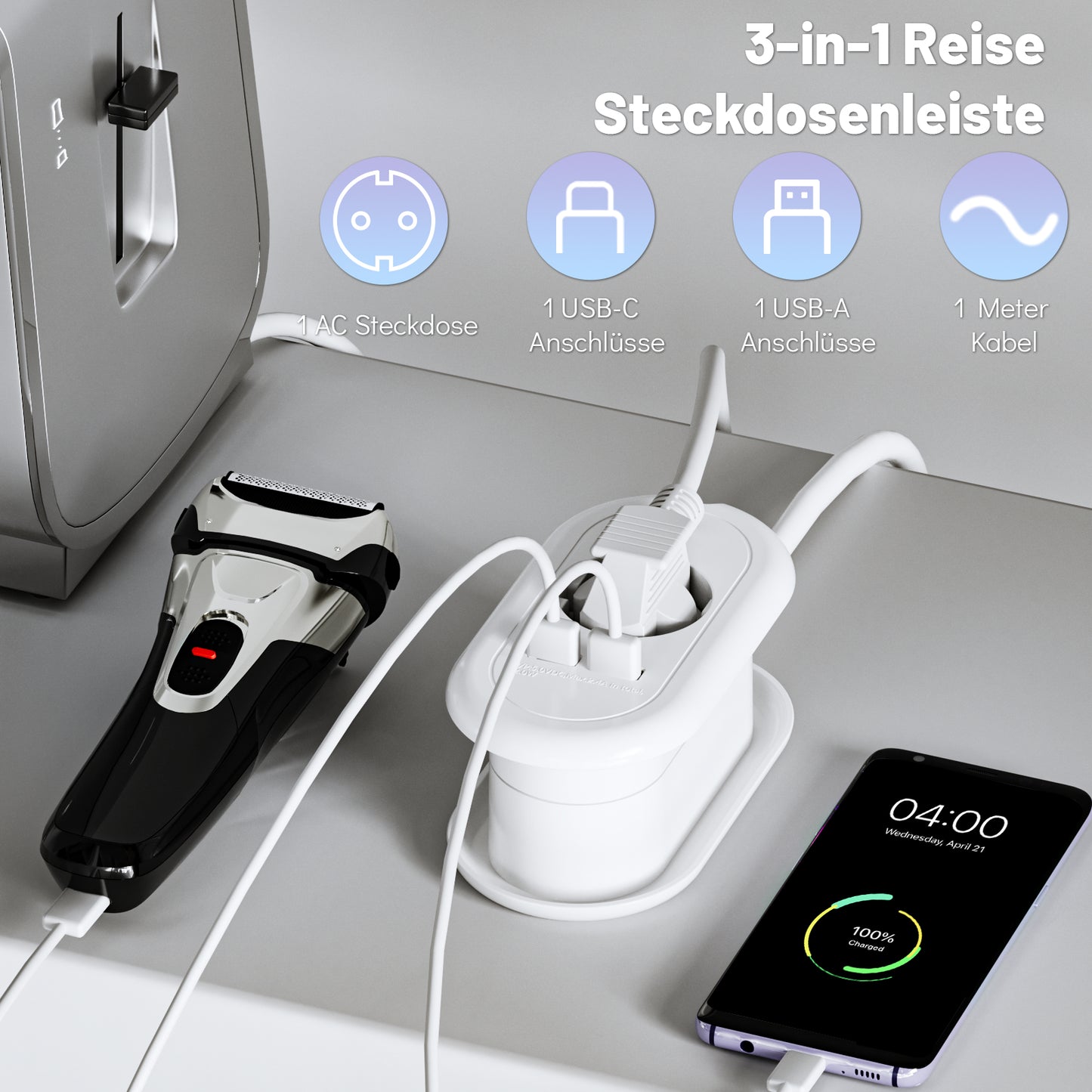 RealMade Reise Mehrfachsteckdose mit USB, 3680W Steckdosenleiste mit 1 USB und 1 TYP-C Anschlüssen, Steckerleiste mit USB, 1M umwickeltes Kabel, USB Steckdose für Reisen und Büro-Weiß