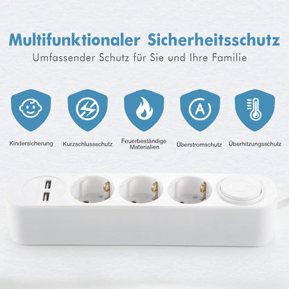 Steckdosenleiste mit USB, RealMade 3 Fach Mehrfachsteckdose mit 2 USB Anschlüsse 5V/2.4A, 3680W Steckdosenleiste mit Schalter und Kindersicherung, 1,5/3/5M Kabel USB Steckdose für Büro Zuhause- Weiß