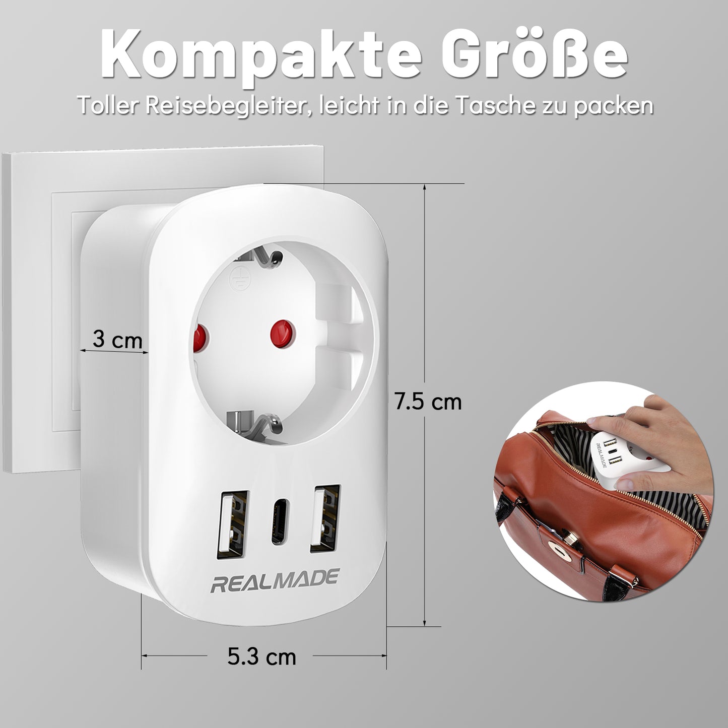 RealMade Reiseadapter UK Adapter auf EU mit 2 USB und 1 TYP-C Anschlüssen, Adapter England Deutschland Stecker, EU Deutschland zu UK Adapter Typ G Steckdosenadapter Reisestecker für Großbritannien