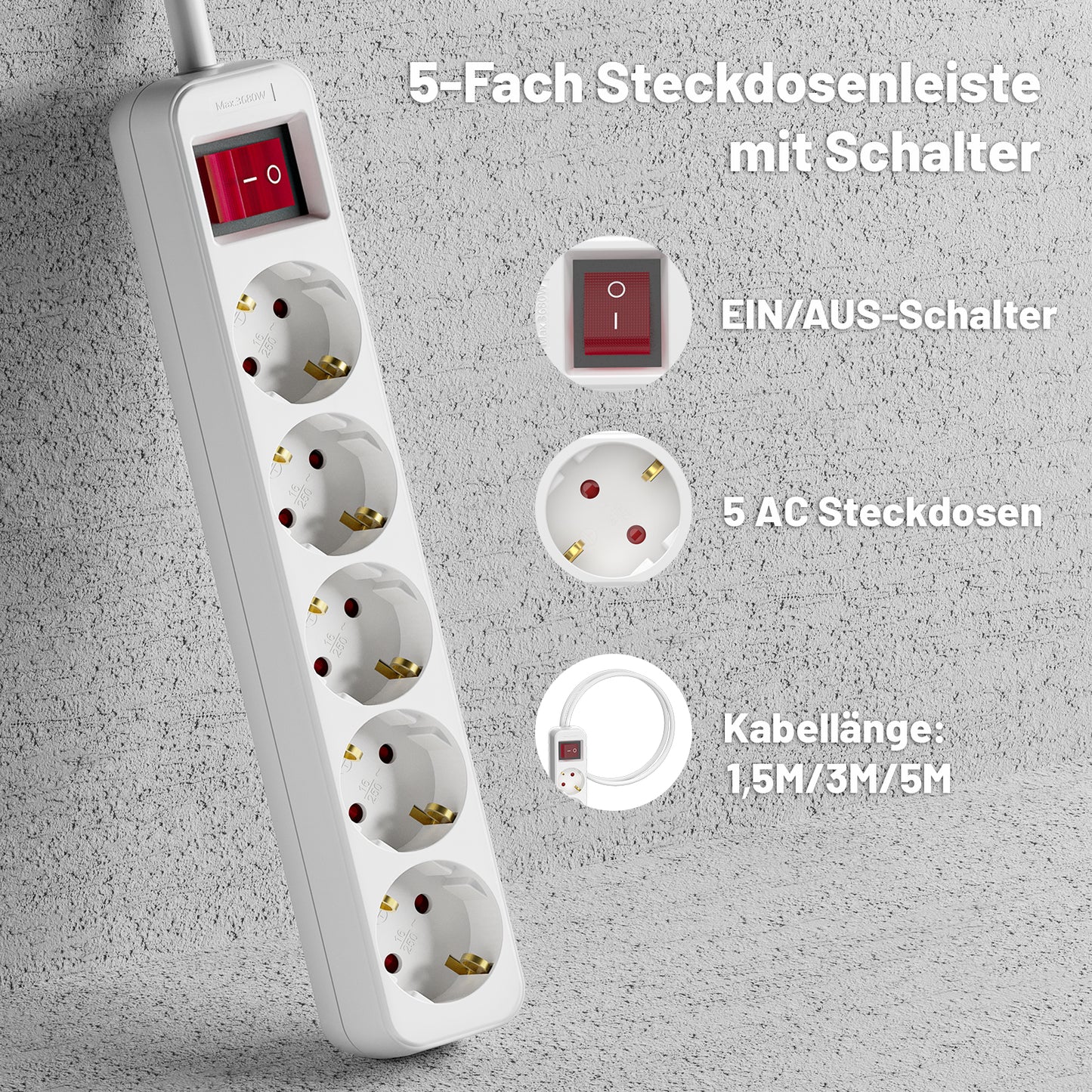 RealMade Steckdosenleiste 5-Fach Mehrfachsteckdose mit Schalter zum Stromsparen, Steckplätze 45 Grad gedreht, Steckerleiste mit erhöhtem Berührungsschutz, weiß