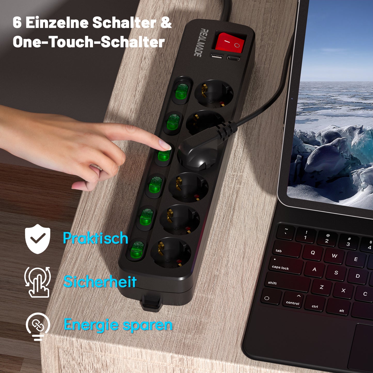 RealMade Steckdosenleiste Einzeln Schaltbar, 6-Fach Mehrfachsteckdose mit 1 USB und 1 TYP-C Anschlüssen(5V, 2.4A), 3680W Steckdosenleiste Wandmontage, 2/5M Kabel, Kindersicherung, USB Steckdose-Schwarz