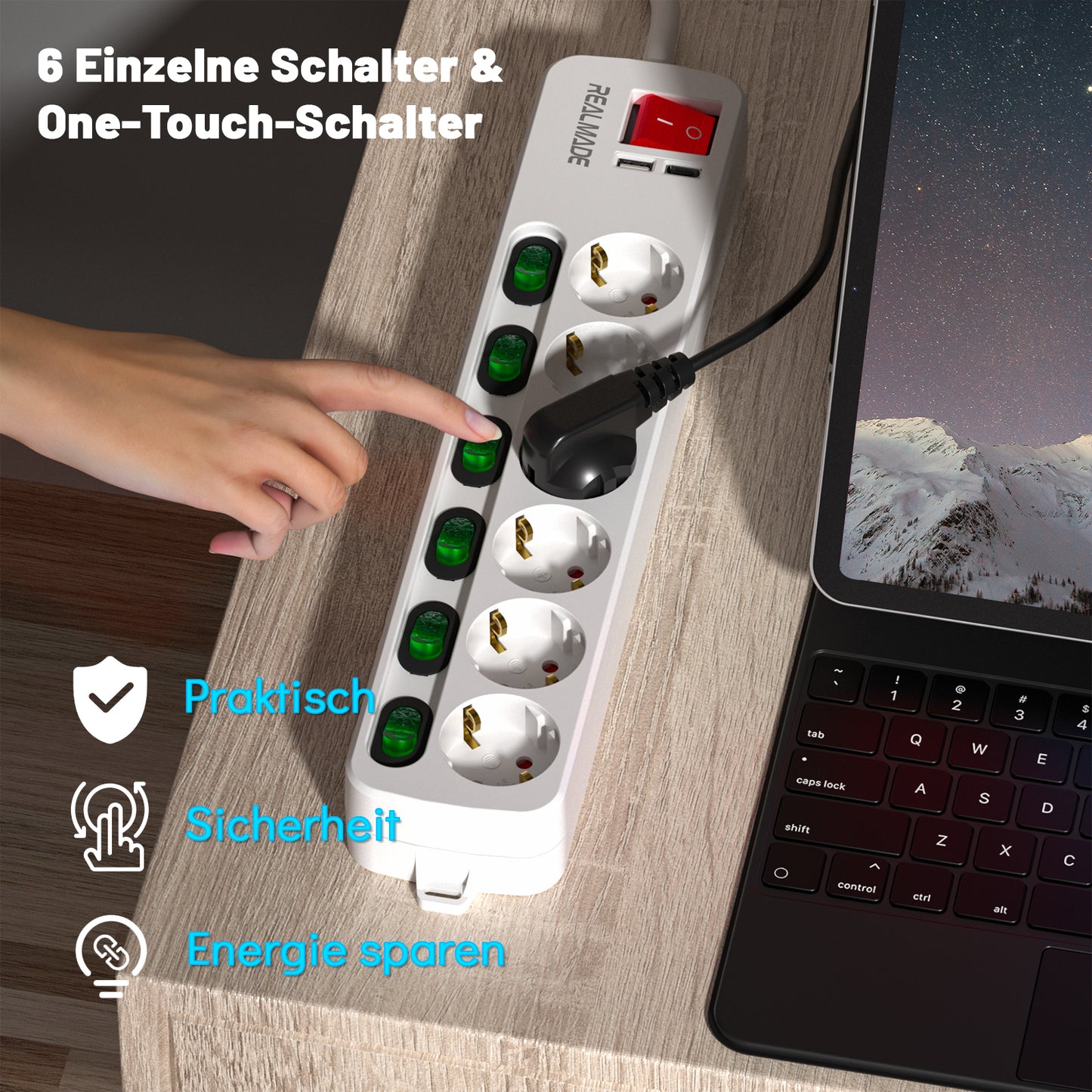 RealMade Steckdosenleiste Einzeln Schaltbar, 6-Fach Mehrfachsteckdose mit 1 USB und 1 TYP-C Anschlüssen(5V, 2.4A), 3680W Steckdosenleiste Wandmontage, 2/5M Kabel, Kindersicherung, USB Steckdose - Weiß