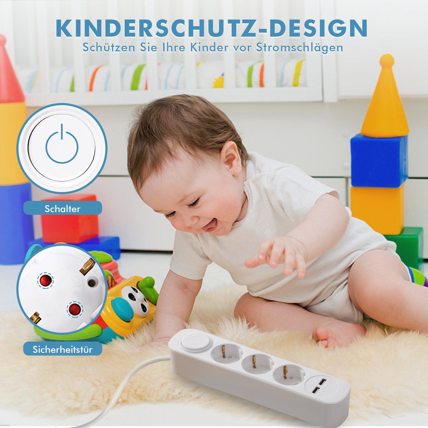 Steckdosenleiste mit USB, RealMade 3 Fach Mehrfachsteckdose mit 2 USB Anschlüsse 5V/2.4A, 3680W Steckdosenleiste mit Schalter und Kindersicherung, 1,5/3/5M Kabel USB Steckdose für Büro Zuhause- Weiß