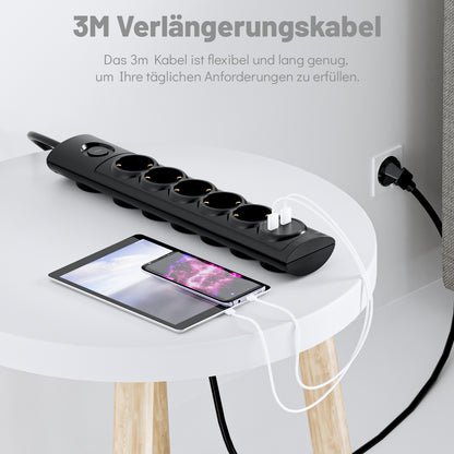 RealMade 5 Fach Steckdosenleiste mit USB A und USB C(5V/2.4A), 3680W Mehrfachsteckdose mit Schalter und Kindersicherung, 3M Kabel USB Steckerleiste für Hause, Schwarz