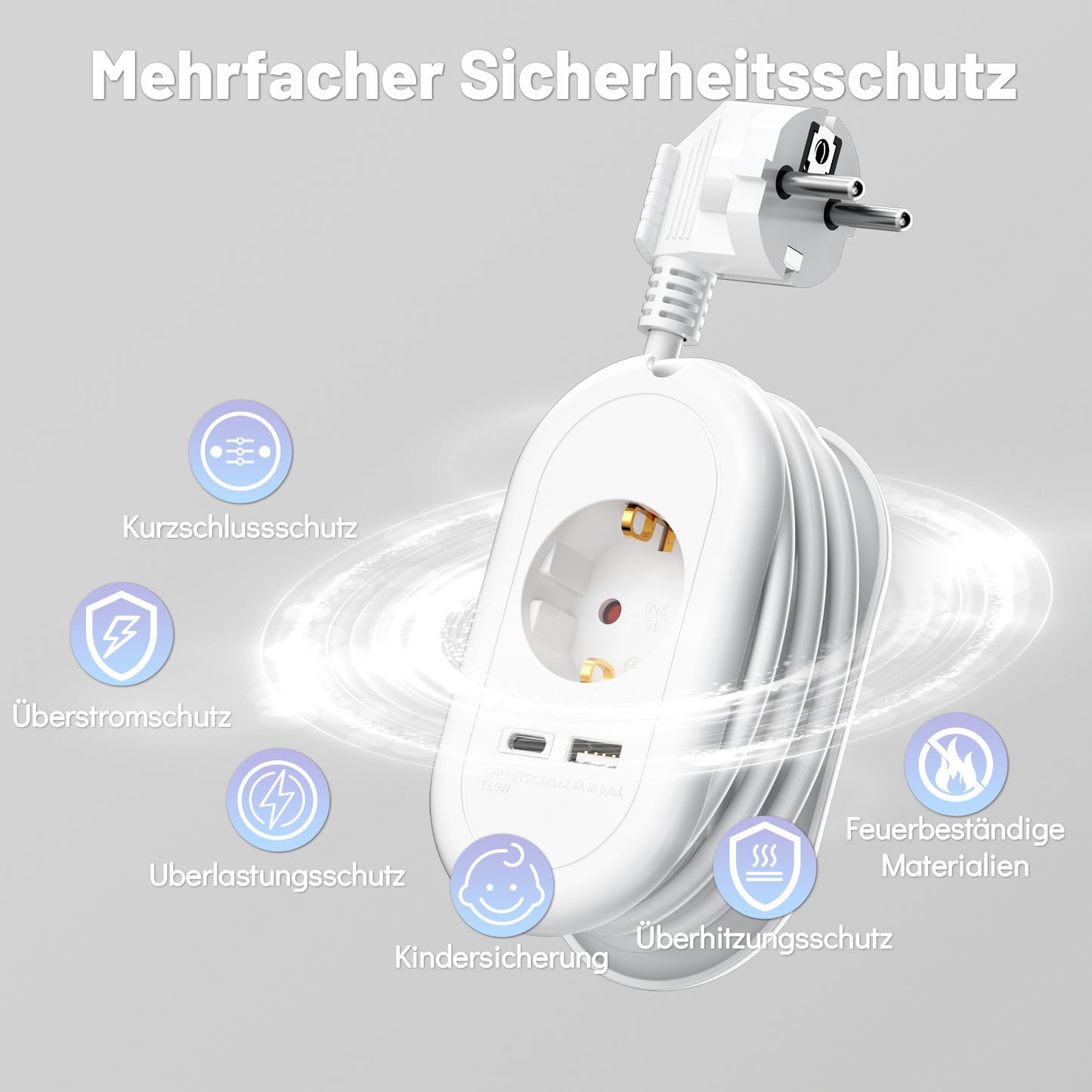 RealMade Reise Mehrfachsteckdose mit USB, 3680W Steckdosenleiste mit 1 USB und 1 TYP-C Anschlüssen, Steckerleiste mit USB, 1M umwickeltes Kabel, USB Steckdose für Reisen und Büro-Weiß