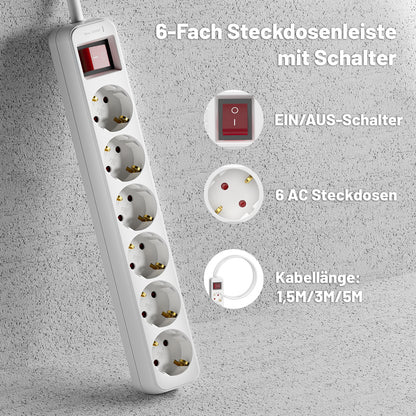 RealMade Steckdosenleiste 6-Fach Mehrfachsteckdose mit Schalter zum Stromsparen,Steckplätze 45 Grad gedreht, Steckerleiste mit erhöhtem Berührungsschutz, weiß