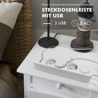 Steckdosenleiste mit USB, RealMade 3 Fach Mehrfachsteckdose mit 2 USB Anschlüsse 5V/2.4A, 3680W Steckdosenleiste mit Schalter und Kindersicherung, 1,5/3/5M Kabel USB Steckdose für Büro Zuhause- Weiß