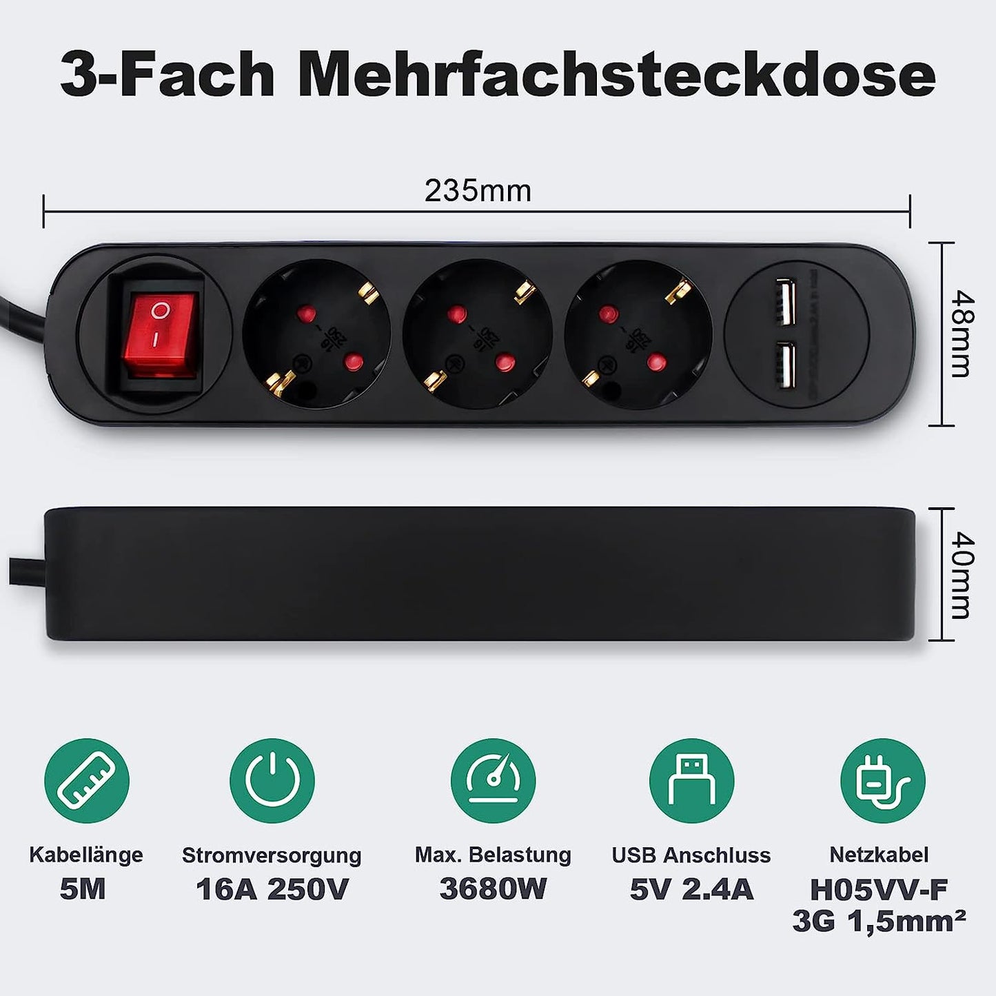 RealMade 3 Fach Steckdosenleiste USB, 3680W Mehrfachsteckdose mit 2 USB-Anschlüsse 5V/2.4A, Steckdosenleiste mit Schalter und Kindersicherung für Smartphones - Schwarz