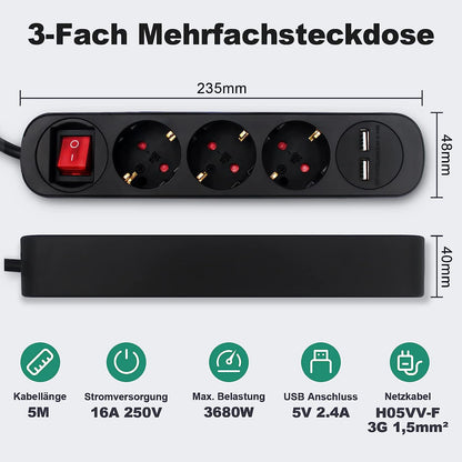 RealMade 3 Fach Steckdosenleiste USB, 3680W Mehrfachsteckdose mit 2 USB-Anschlüsse 5V/2.4A, Steckdosenleiste mit Schalter und Kindersicherung für Smartphones - Schwarz