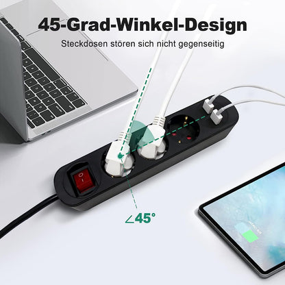 RealMade 3 Fach Steckdosenleiste USB, 3680W Mehrfachsteckdose mit 2 USB-Anschlüsse 5V/2.4A, Steckdosenleiste mit Schalter und Kindersicherung für Smartphones - Schwarz