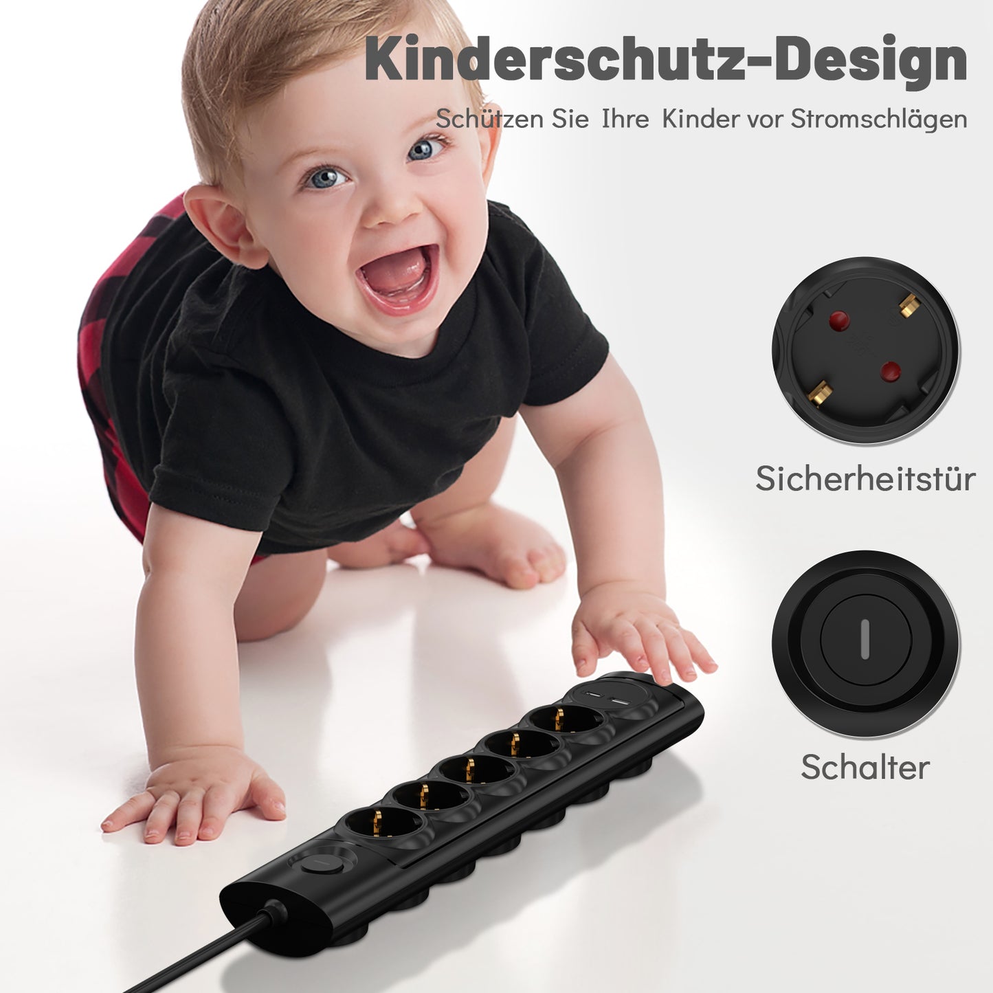 RealMade 5 Fach Steckdosenleiste mit USB A und USB C(5V/2.4A), 3680W Mehrfachsteckdose mit Schalter und Kindersicherung, 3M Kabel USB Steckerleiste für Hause, Schwarz