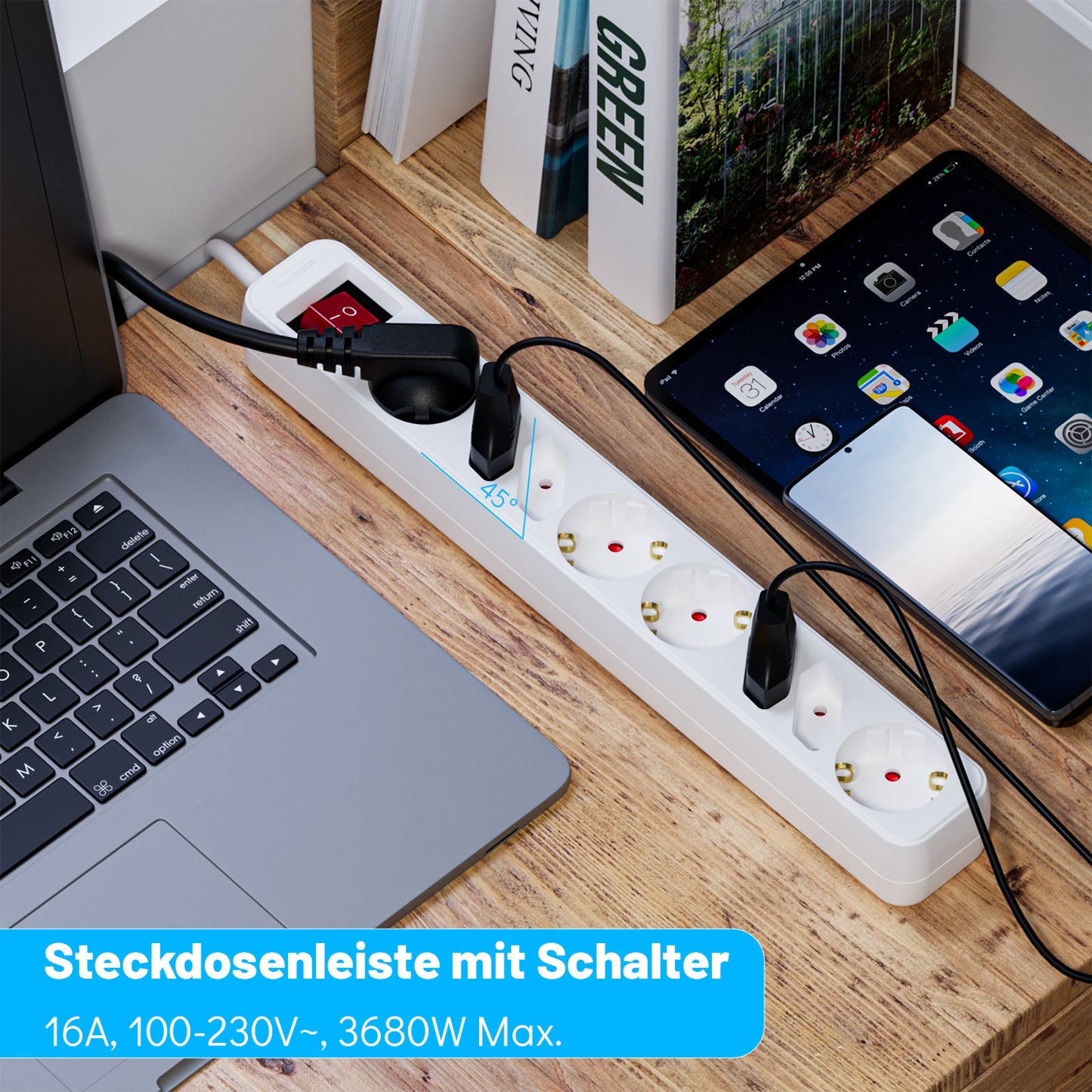 RealMade 8 Fach Steckdosenleiste mit Schalter 3M Kabel, 16A Mehrfachsteckdose mit Kindersicherung und Flachstecker, Steckerleiste mit erhöhtem Berührungsschutz für Büro Hause, Weiß