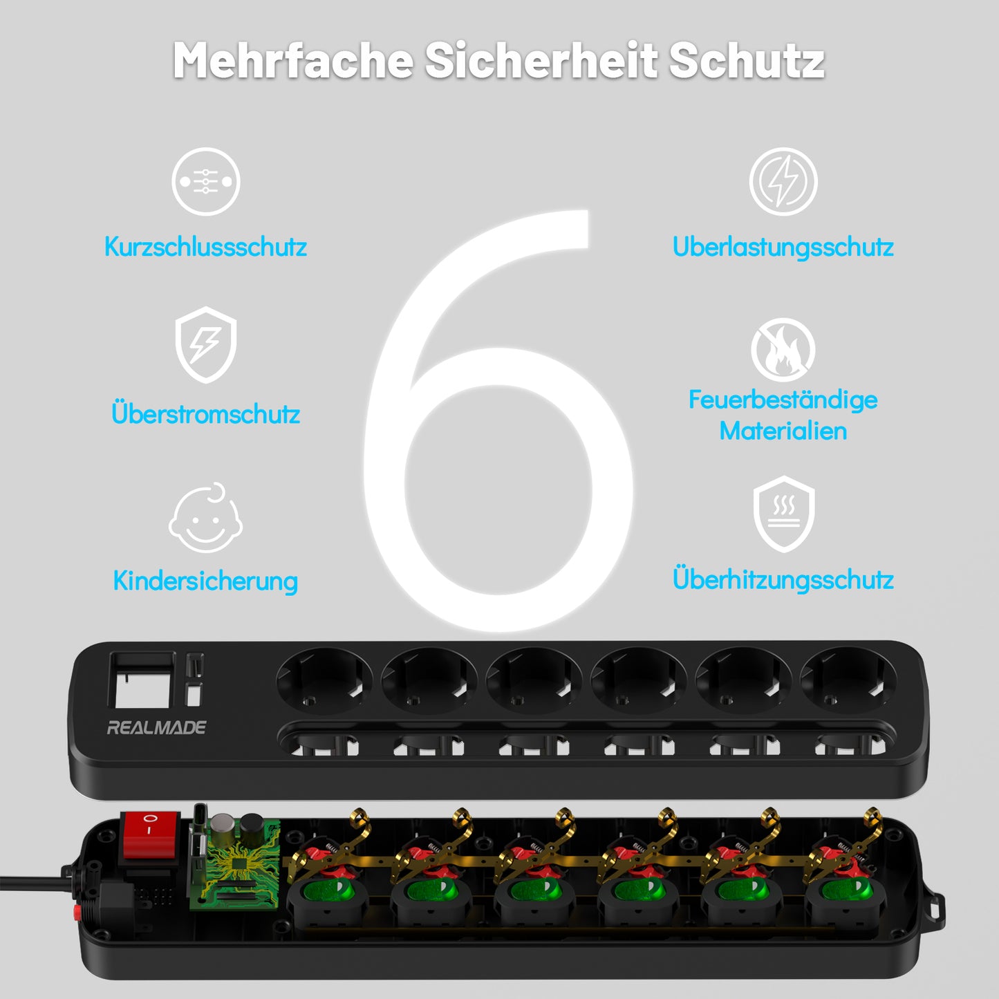 RealMade Steckdosenleiste Einzeln Schaltbar, 6-Fach Mehrfachsteckdose mit 1 USB und 1 TYP-C Anschlüssen(5V, 2.4A), 3680W Steckdosenleiste Wandmontage, 2/5M Kabel, Kindersicherung, USB Steckdose-Schwarz