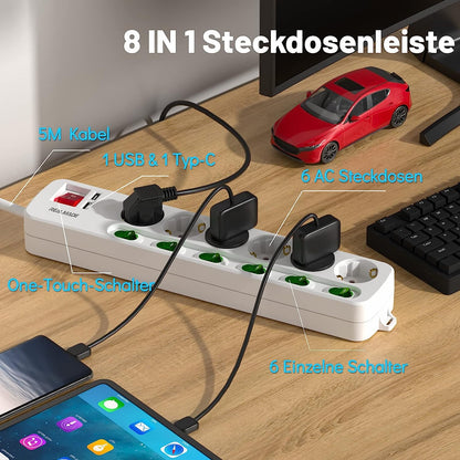 RealMade Steckdosenleiste Einzeln Schaltbar, 6-Fach Mehrfachsteckdose mit 1 USB und 1 TYP-C Anschlüssen(5V, 2.4A), 3680W Steckdosenleiste Wandmontage, 2/5M Kabel, Kindersicherung, USB Steckdose - Weiß