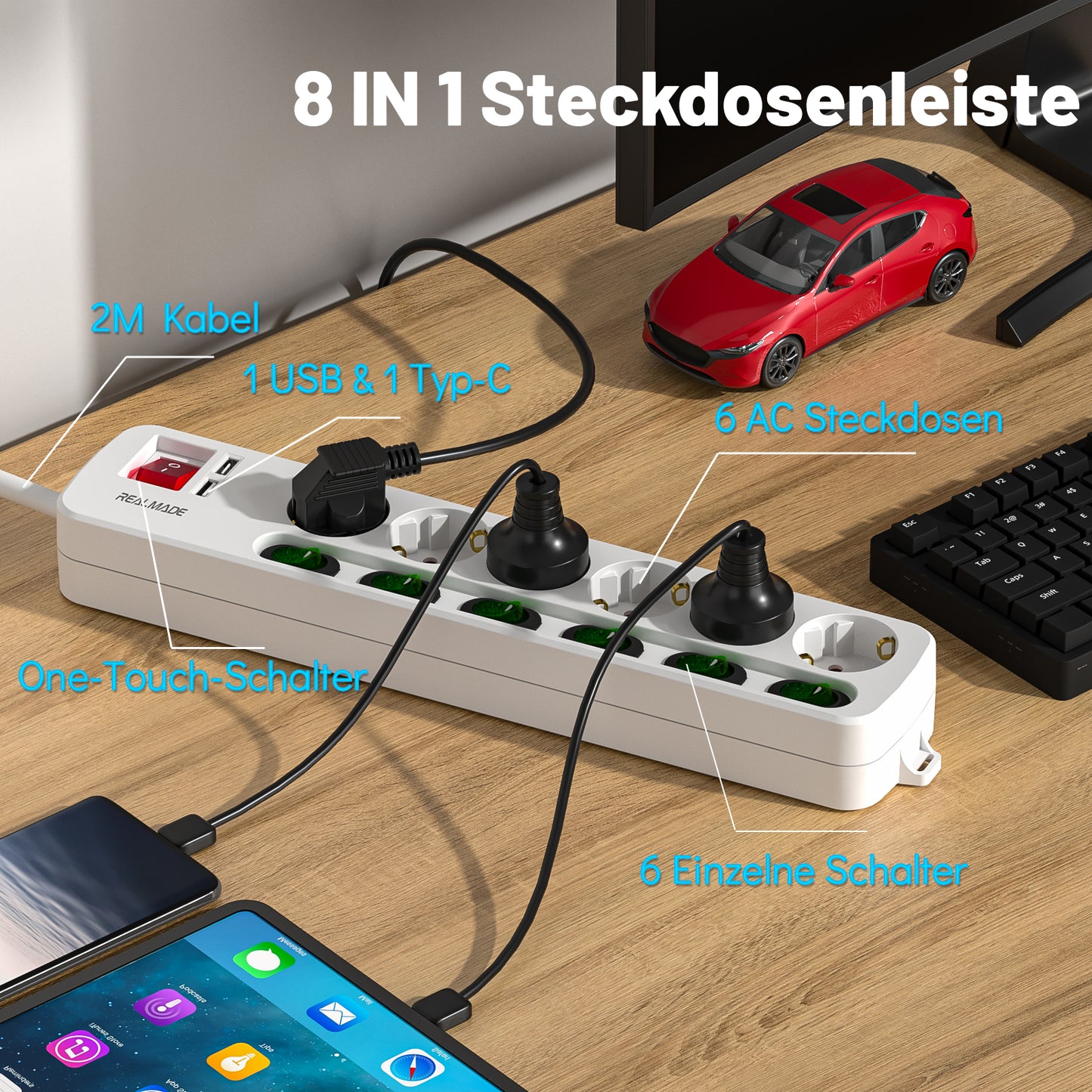 RealMade Steckdosenleiste Einzeln Schaltbar, 6-Fach Mehrfachsteckdose mit 1 USB und 1 TYP-C Anschlüssen(5V, 2.4A), 3680W Steckdosenleiste Wandmontage, 2/5M Kabel, Kindersicherung, USB Steckdose - Weiß