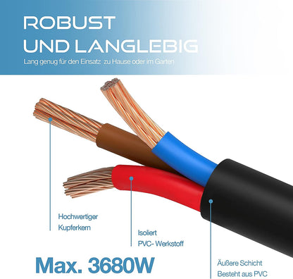 RealMade Verlängerungskabel 3/5/10M Kabel, Verlängerungsleitung mit Kinderschutz Stecker, H05VV-F 3G1.5mm² Kunststoffleitung, Schutzkontakt-Verlängerung für innen, 16A/250V, 3680W, Schwarz