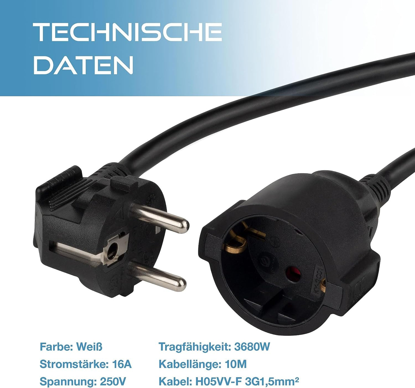 RealMade Verlängerungskabel 3/5/10M Kabel, Verlängerungsleitung mit Kinderschutz Stecker, H05VV-F 3G1.5mm² Kunststoffleitung, Schutzkontakt-Verlängerung für innen, 16A/250V, 3680W, Schwarz