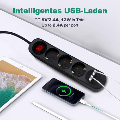 RealMade 3 Fach Steckdosenleiste USB, 3680W Mehrfachsteckdose mit 2 USB-Anschlüsse 5V/2.4A, Steckdosenleiste mit Schalter und Kindersicherung für Smartphones - Schwarz