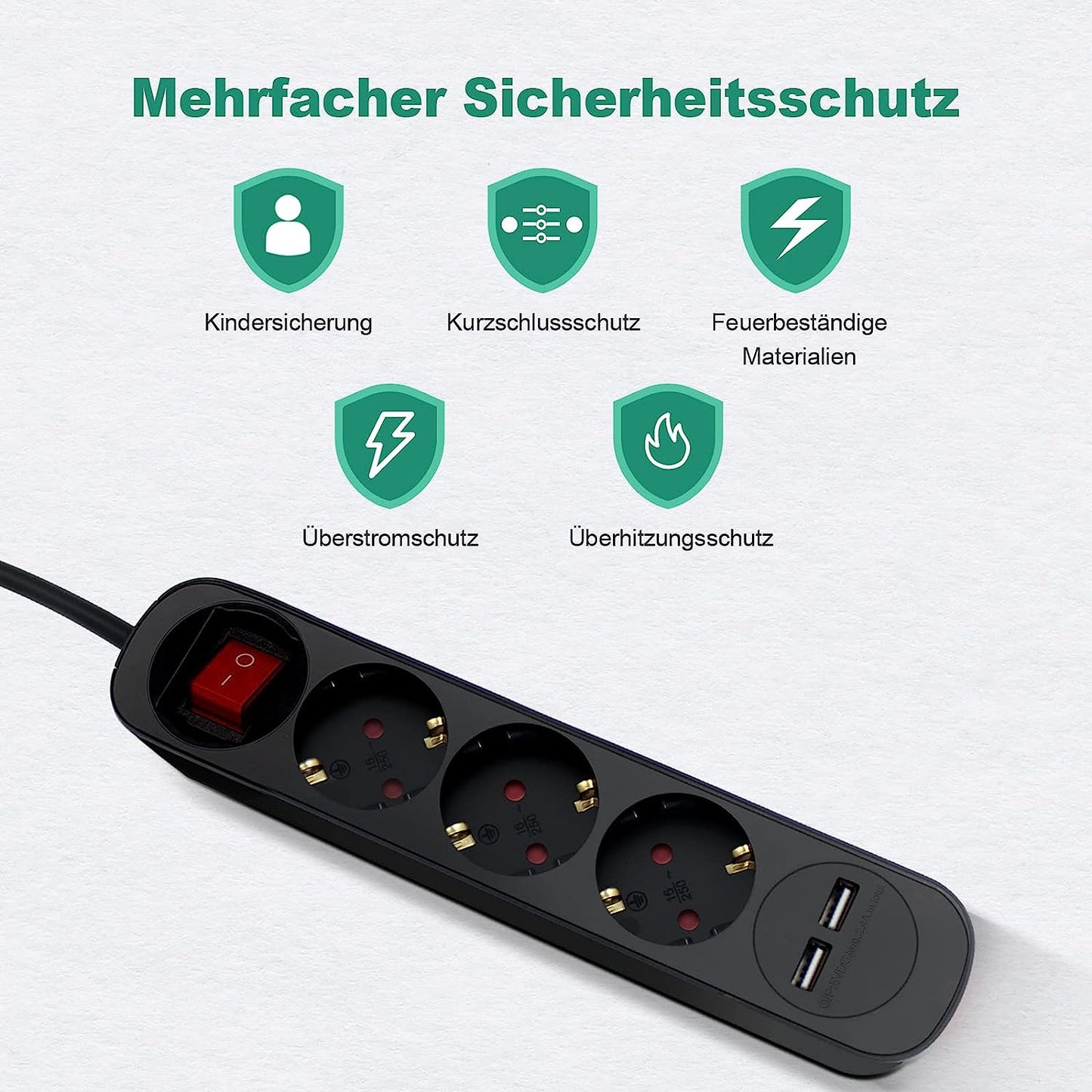 RealMade 3 Fach Steckdosenleiste USB, 3680W Mehrfachsteckdose mit 2 USB-Anschlüsse 5V/2.4A, Steckdosenleiste mit Schalter und Kindersicherung für Smartphones - Schwarz