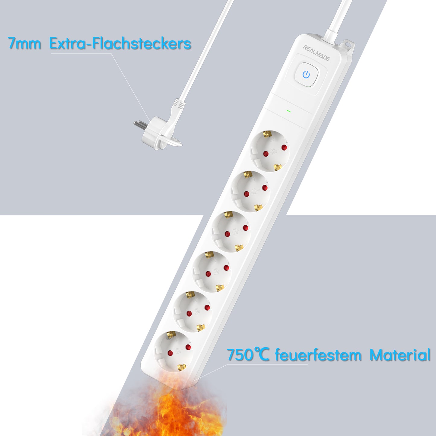 RealMade Steckdosenleiste mit Überspannungsschutz 1050J und Schalter, 6 Fach Mehrfachsteckdose, 16A/3680W Steckerleiste mit Kindersicherung und Wandmontage, 3M Kabel für Hause und Büro