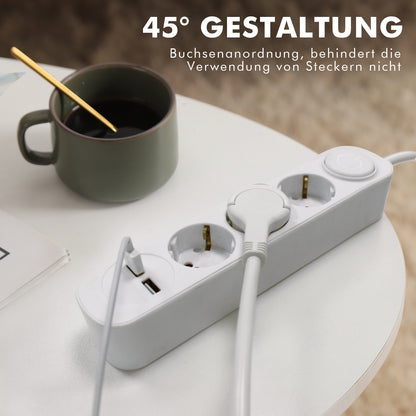 Steckdosenleiste mit USB, RealMade 3 Fach Mehrfachsteckdose mit 2 USB Anschlüsse 5V/2.4A, 3680W Steckdosenleiste mit Schalter und Kindersicherung, 1,5/3/5M Kabel USB Steckdose für Büro Zuhause- Weiß