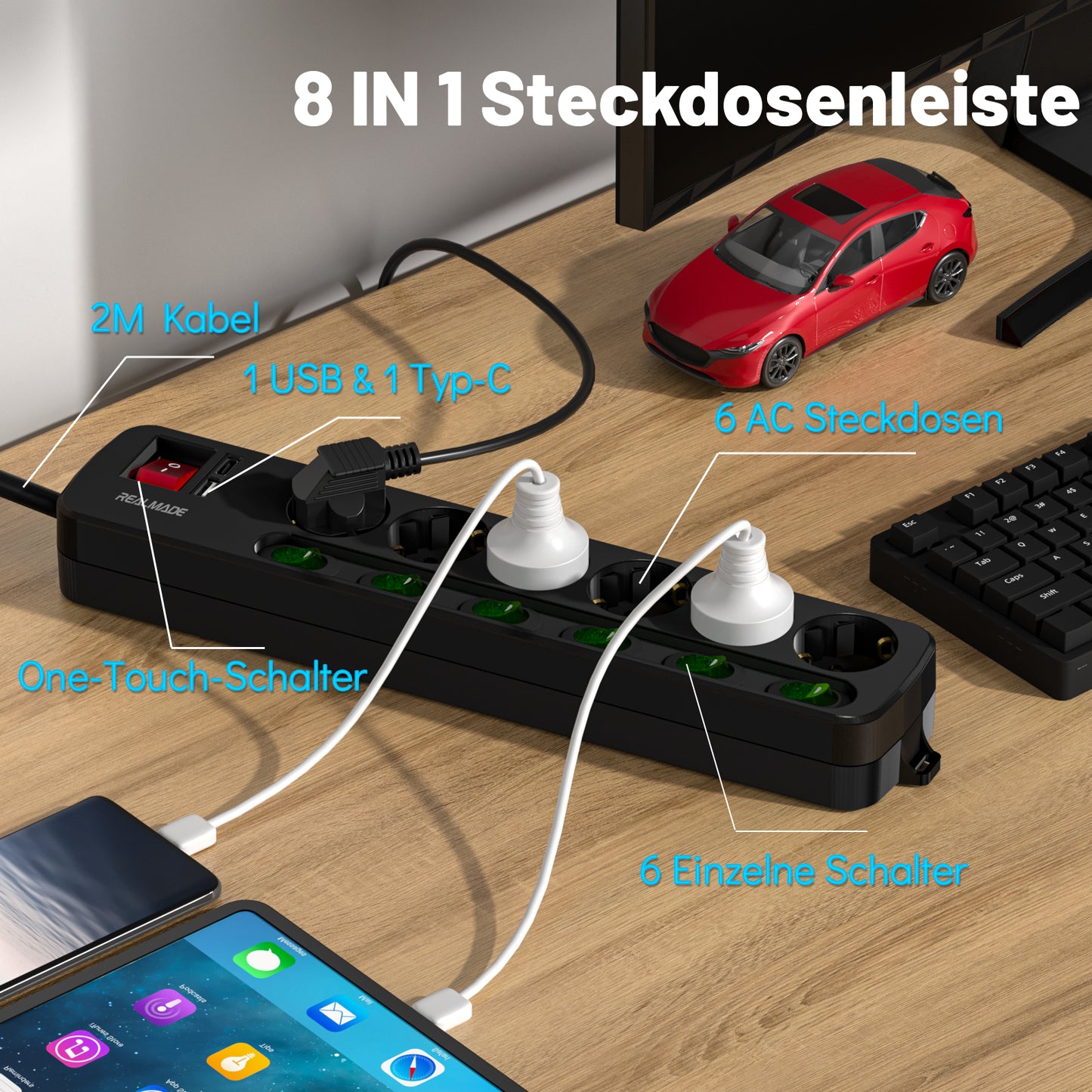 RealMade Steckdosenleiste Einzeln Schaltbar, 6-Fach Mehrfachsteckdose mit 1 USB und 1 TYP-C Anschlüssen(5V, 2.4A), 3680W Steckdosenleiste Wandmontage, 2/5M Kabel, Kindersicherung, USB Steckdose-Schwarz