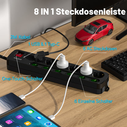 RealMade Steckdosenleiste Einzeln Schaltbar, 6-Fach Mehrfachsteckdose mit 1 USB und 1 TYP-C Anschlüssen(5V, 2.4A), 3680W Steckdosenleiste Wandmontage, 2/5M Kabel, Kindersicherung, USB Steckdose-Schwarz