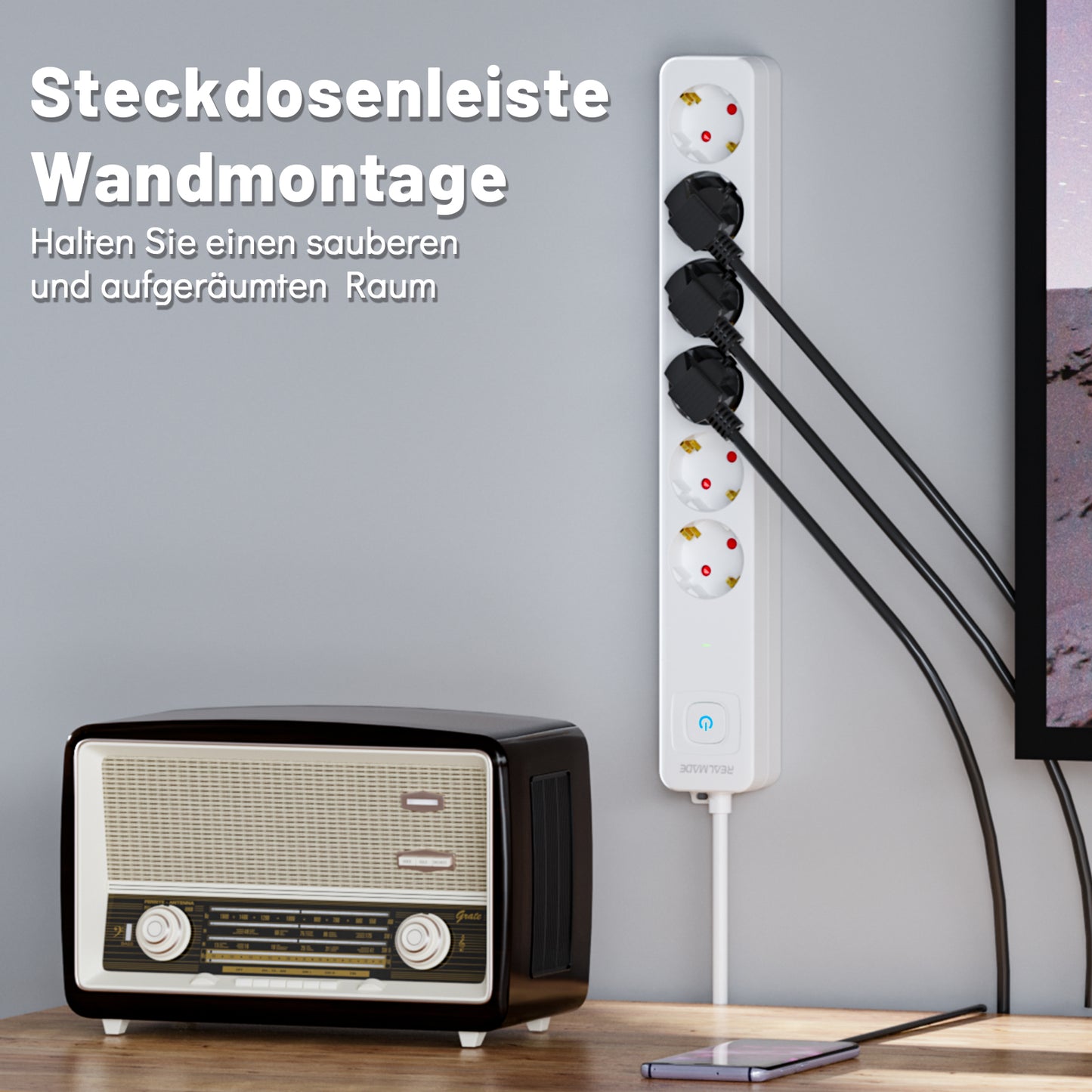 RealMade Steckdosenleiste mit Überspannungsschutz 1050J und Schalter, 6 Fach Mehrfachsteckdose, 16A/3680W Steckerleiste mit Kindersicherung und Wandmontage, 3M Kabel für Hause und Büro